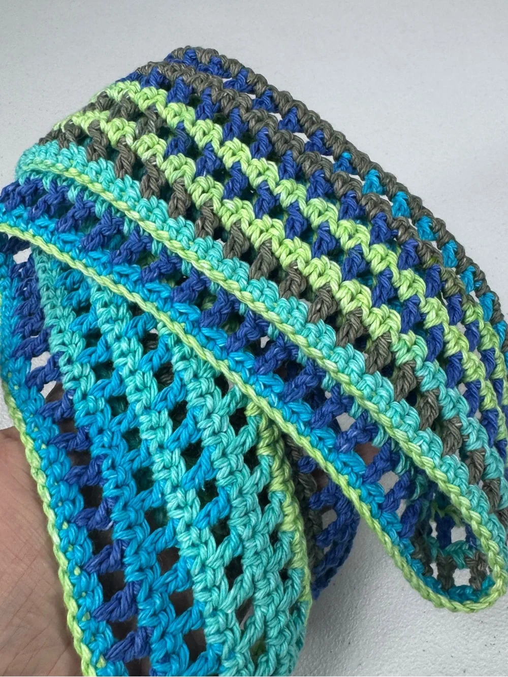 Handmade Crochet Tie Headband in Teal, Blue, Green & Gray